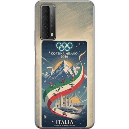 Yhteensopiva Puhelinkuori Huawei P smart 2021 Mäkihyppykuvitus, jossa hiihtäjä tähtää kiväärillä lumisella radalla, teksti Milano Cortina 2026 ja olym