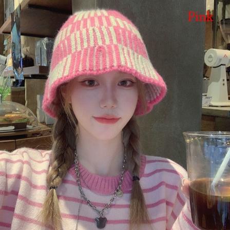 Kvinnor Flickor Stickad Bucket Hat Vinter Varm Panama Cap pink