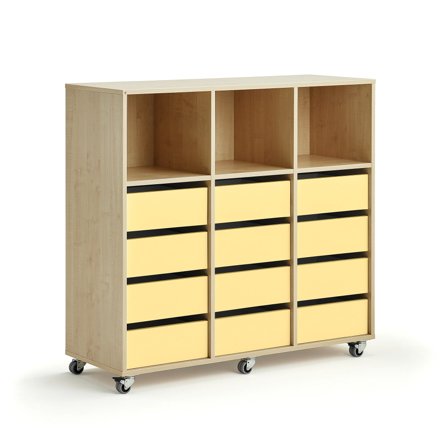 Student storage CASPER, 12 drawers, 3 upper compartments, birch, yellow