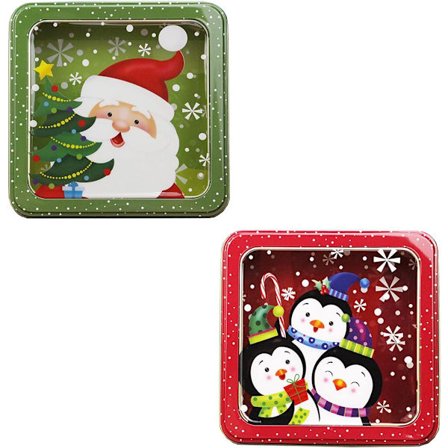 Julebokser 2 Stykker Metallboks Kakeboks med Vindu Julegodteriboks Julekrukke Firkantet Boks for Godteri Kjeks Juledekorasjon
