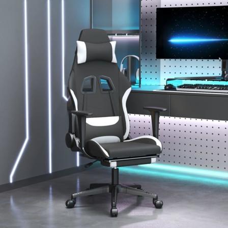 Snurrbar Gamingstol Med Fotstöd Svart Och Vit Tyg Vit