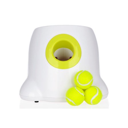 Automatisk hundeboldkaster, interaktivt hundelegetøj til indendørs/udendørs brug med tre rækkevidder, inklusive 3 mini tennisbolde og en datakabel, 