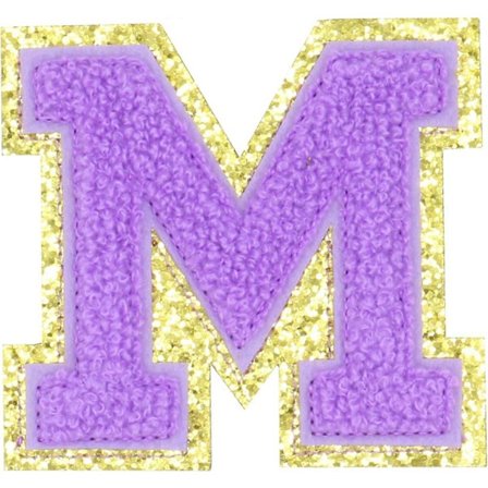 Engelsk Bokstav M Stryk På Reparationslappar Alfabet Sömnadsapplikationer Klädmärken, med Guldglitterkant, Självhäftande Baksida Lila MMPurple