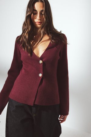 NA-KD - Strikket, overlappende, figursydd cardigan - Cardigan - Burgundy - S