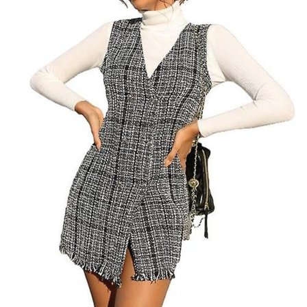 Kvinnors eleganta vintage V-ringad rutig pinafore tweedklänning