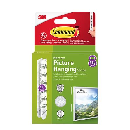 COMMAND Strips for oppheng av bilder hvit smal 4 par/8 strips