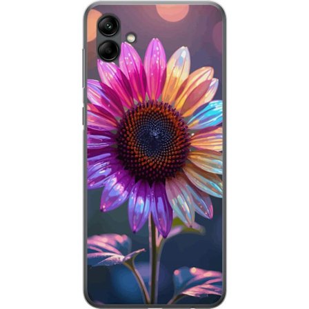 Kompatibelt Mobildeksel til Samsung Galaxy A05 Irideserende blomst med glitrende kronblad i rosa lilla og gull mot myk bokeh bakgrunn