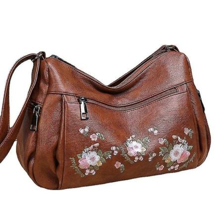 Damstor Messenger Bag med Blommönster, Hård Vattentät Mjuk Lädersaxelväska (Röd)