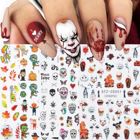 Höst & Halloween nagelklistermärken, 9 ark skallenagel dekaler 3D självhäftande