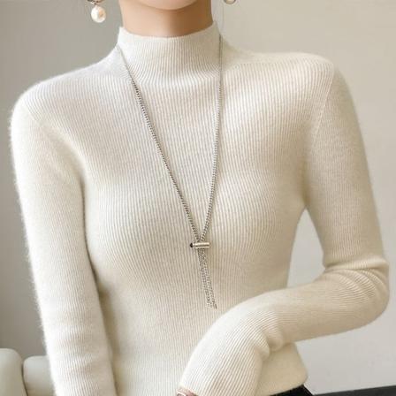 Kvinder Strik Efterår Vinter Sweater Halv rullekrave Uld Slim-Fit Langærmet Pullover Snørebånd White XL