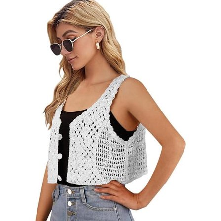 Dame Blomstret Hæklet Blonde Boho Trim Ærmeløs Åben Front Cardigan