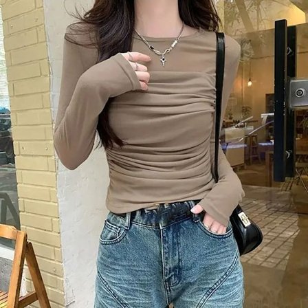 Långärmade T-shirts Cropped Top KHAKI XL