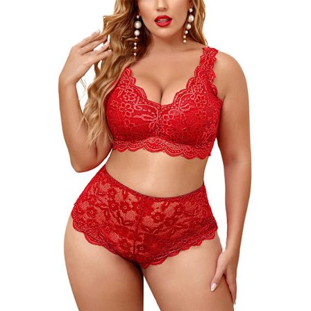 Damer Plus Size Sexy BH Truser Nattøy Pyjamas Undertøy Sett Rød