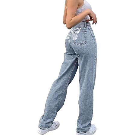Højtaljede Boyfriend Jeans til kvinder 90'er Y2K Butterfly Print Wide Straight Leg Blå Bukser Jeans (XXL)