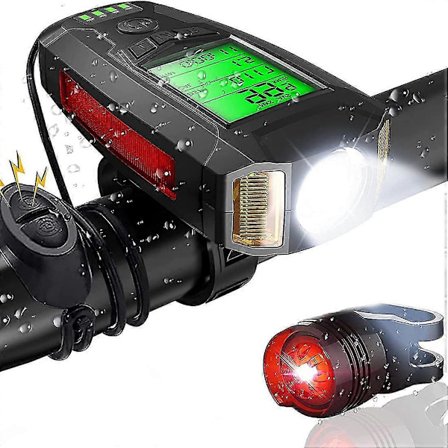 LED Sykkellyssett med Sykkelcomputer, Oppladbare Sykkellykter med Høy Ringeklokke, Baklys, 5 Lysmoduser, Sykkellys