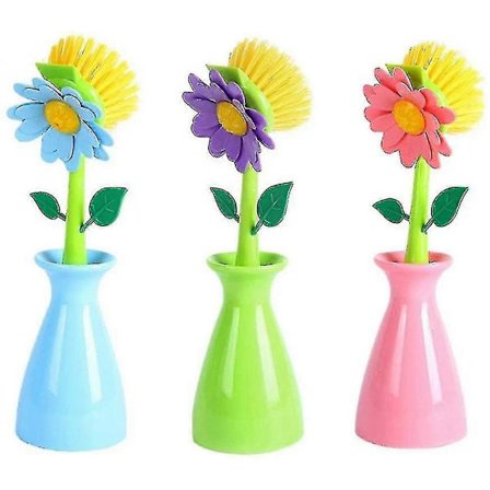 3-pack Köksborstar, Söt Blomformad Diskborste med Långt Handtag, Blå+grön+puder WSE