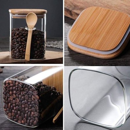 Glasbeholder med bambuslåg og ske, lufttæt, klar, firkantet