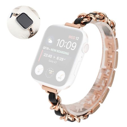 Stainless steel + leather watch band for Apple Watch Series 6 / 5 44mm - Rose Gold / Black