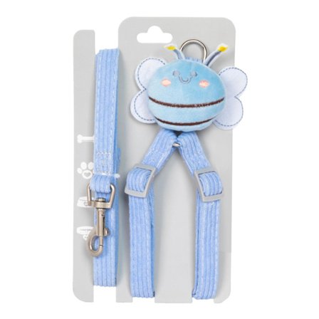 Söt bi-dekoration justerbar andningsbar hundsele och koppel set - Mjuk manchester blå 1,0CM/0,4in - för hundar och katter