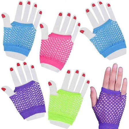Neonhandskar för barn, set om 12, fisknätshandskar, perfekta neontillbehör för fester, fantastiska Halloween-accessoarer, 80-tals födelsedagsfavörer