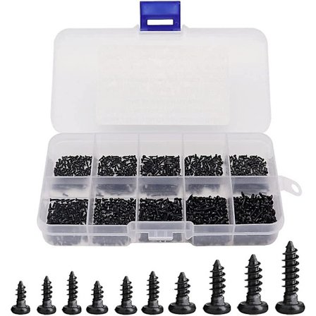 1000 kpl pyöreäkantaisia itseporautuvia Phillips-minipuuruuveja, miniruuveja M1 M1.2 M1.4 M1.7 Phillips-puuruuvisarja muovikotelolla - musta