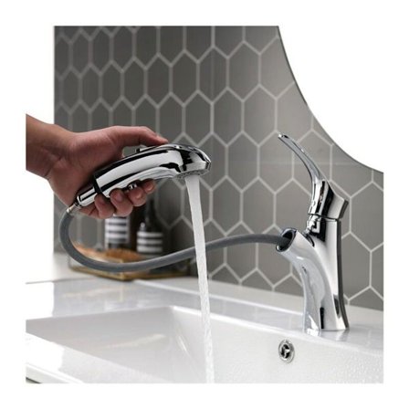 Vandhane til badeværelse med udtrækkelig bruser, håndvaskarmatur med et greb til badeværelse, forkromet