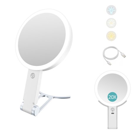 Makeup Mirror with Lights - Double Sided Magnifying Vanity Mirror, 3 Light Modes, Handheld, Wall Mount and Tabletop