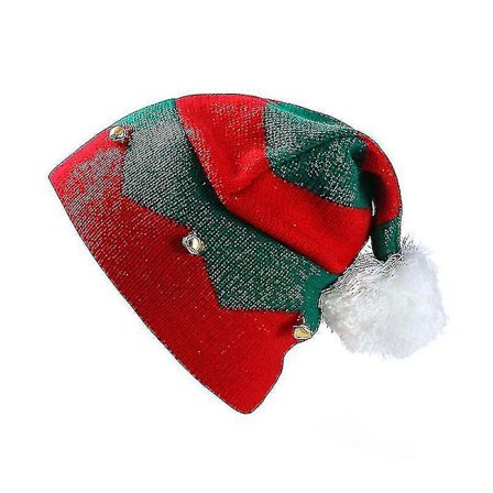 Lasten jouluinen neulottu tonttulakki pienillä kelloilla, kontrastivärinen aaltoileva raidallinen virkattu tupsu joulupukin hattu