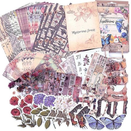 Askartelutarvikkeet, (361 kpl) Vintage-tyylinen askartelusetti paperilla, tarroilla, valokuvakehyksillä, A6-kokoinen tyhjä muistikirja