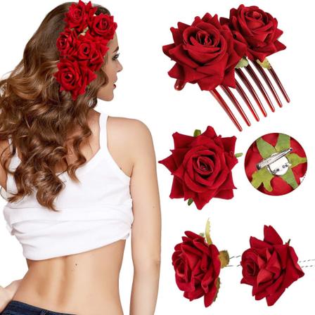 4-delt Rosahårklips Sæt, Blomsterhårnåle Og Broscher Til Kvinder, Blomsterhårtilbehør I Rosendesign