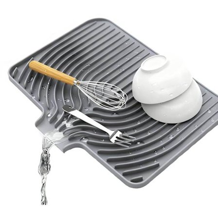 Silikon avrenningsmatte 40x33cm med 7° helling fleksibel sammenleggbar integrert avløper for vasker med hevede kanter grå