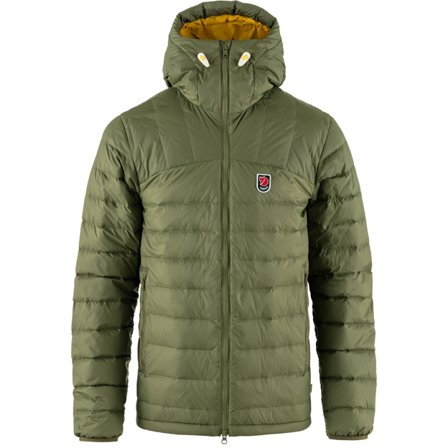 Fjällräven Herr's Expedition Pack Down Hoodie in Green/Mustard Yellow | Size: Small, Dun