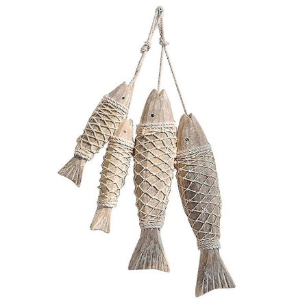 4 kpl Antiikki Käsin Veistetty Puinen Kala Veistos Koriste Ornamentti Kalastusverkolla, Ranta-aiheinen Seinäkoriste