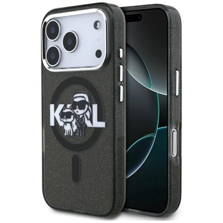 Karl Lagerfeld IML Glitter Karl & Choupette Sketch Logo MagSafe-etui til iPhone 17 Pro - Sort