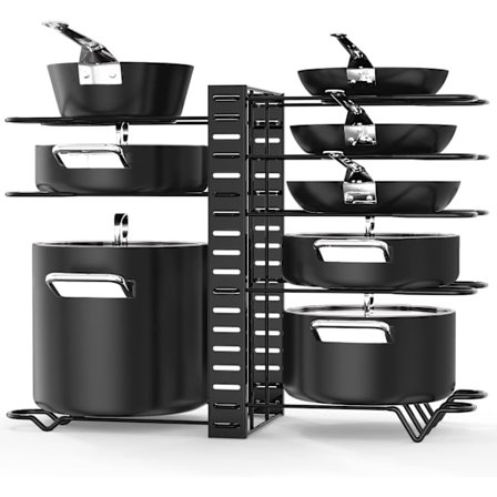Grydeholder, 8-lags gryde- og pandeholder til køkkenorganisering og opbevaring, justerbare grydelågsholdere og pandeholder til køkken