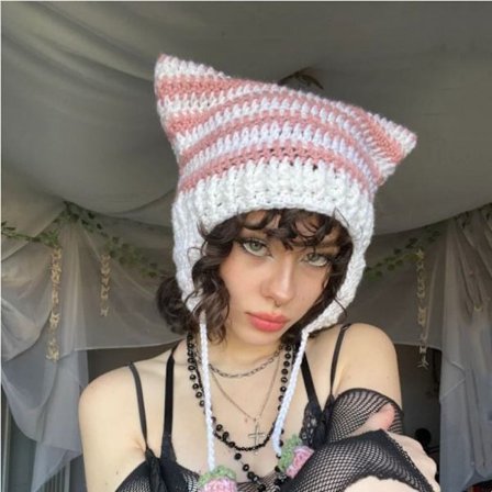 Cat Ear Hairball Beanies Hat Stripe Strikket Cat Ear Hairball