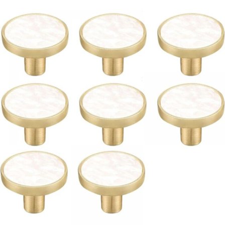 Sett med 8 runde hvite marmorerte messingknotter for skap - Hvite dekorative skuffknotter - Gylne kommodeknotter for kjøkkenmøbler, klær for cl
