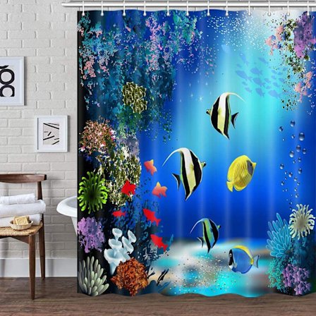 Ocean Kids Badrum Duschdraperi med Undervattenstema, Färgglatt Tropisk Fisk Korall Havsdjur Tyg Blått Duschdraperi【YD】