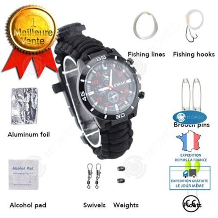 INN Kit multifunktionelt til udendørs sport, campingoverlevelse, magnesiumstang, snor, paraply, Flintstone armbåndsur