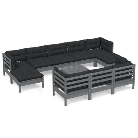 Vidaxl Loungegrupp Med Dynor 11 Delar Grå Massiv Furu Grå