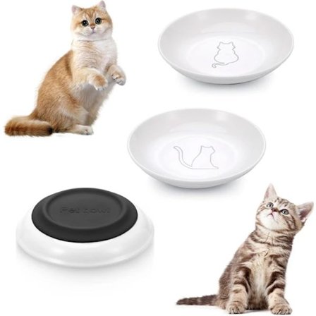 3 stk. Keramiske katteskåle, hvide madskåle, skridsikre, lave madskåle til katte