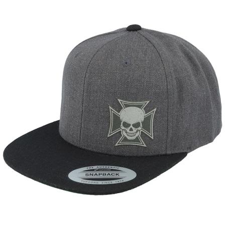 Born To Ride - Maltese Cross Skull Grey Patch Charcoal/Black Snapback Snapback Grey Cap - @ Hatstore