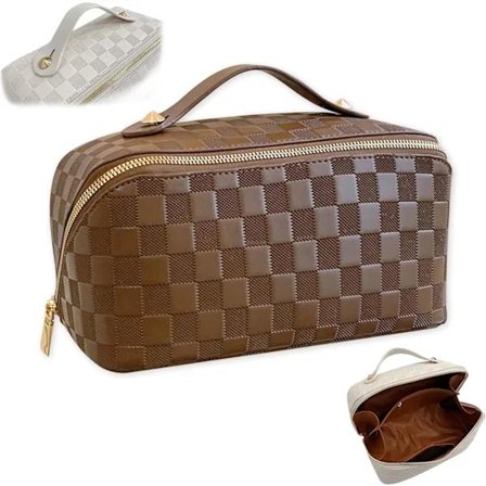 (Brun) Rutet Makeuptaske, Rejsetaske med Stor Kapacitet til Kosmetik