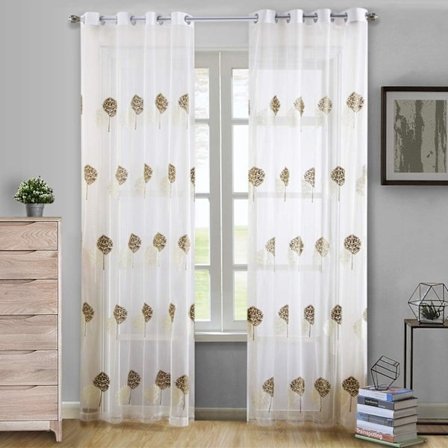 Set om 2 vita, skira gardiner med broderade öljetter, linneeffekt, träd-mönster, vita bruna skira gardiner, sovrum för vuxna flickor, 100 x 250 cm