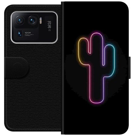 Yhteensopiva Lompakkokotelo Xiaomi Xiaomi Mi 11 Ultra Neonpiirros kaktuksista vaaleanpunaisessa ja sinisessä valossa tummaa taustaa vasten