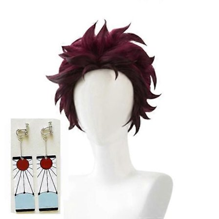 Demon Slayer: Kimetsu No Yaiba Tanjiro Kamado Cosplay Peruukki Lyhyt Kastanjanruskea Lämmönkestävä Cosplay Peruukki + Korvakorut (LGL)