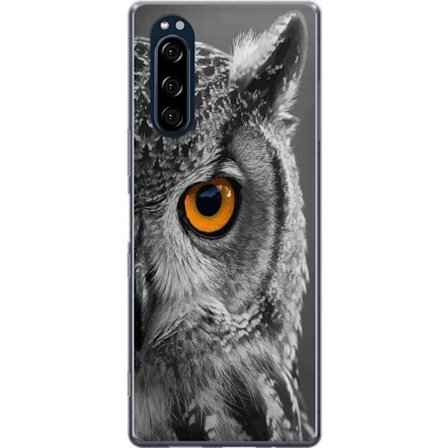 Kompatibelt Mobildeksel til Sony Xperia 5 Svart og hvit nærbilde av en ugle med kraftig oransje øye og detaljert fjærstruktur.