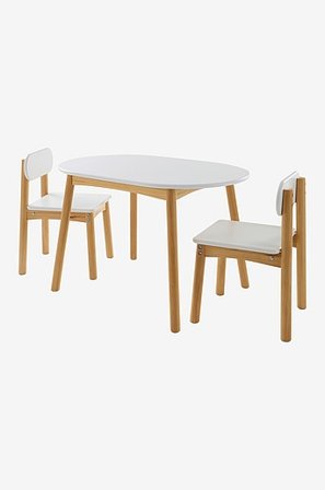 Jotex - Oval Børnebord Med 2 Stole Hvid/fyr - HULTA - Køb Børneborde hos Jotex