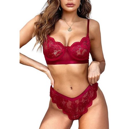 Naisten Pitsi Push Up Rintaliivit Alusvaatesetti Alusvaatteet Yöasut Viininpunainen M