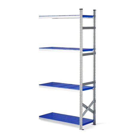 Reol påbyggseksjon med blå plasthyller, 2500x1200x500 mm